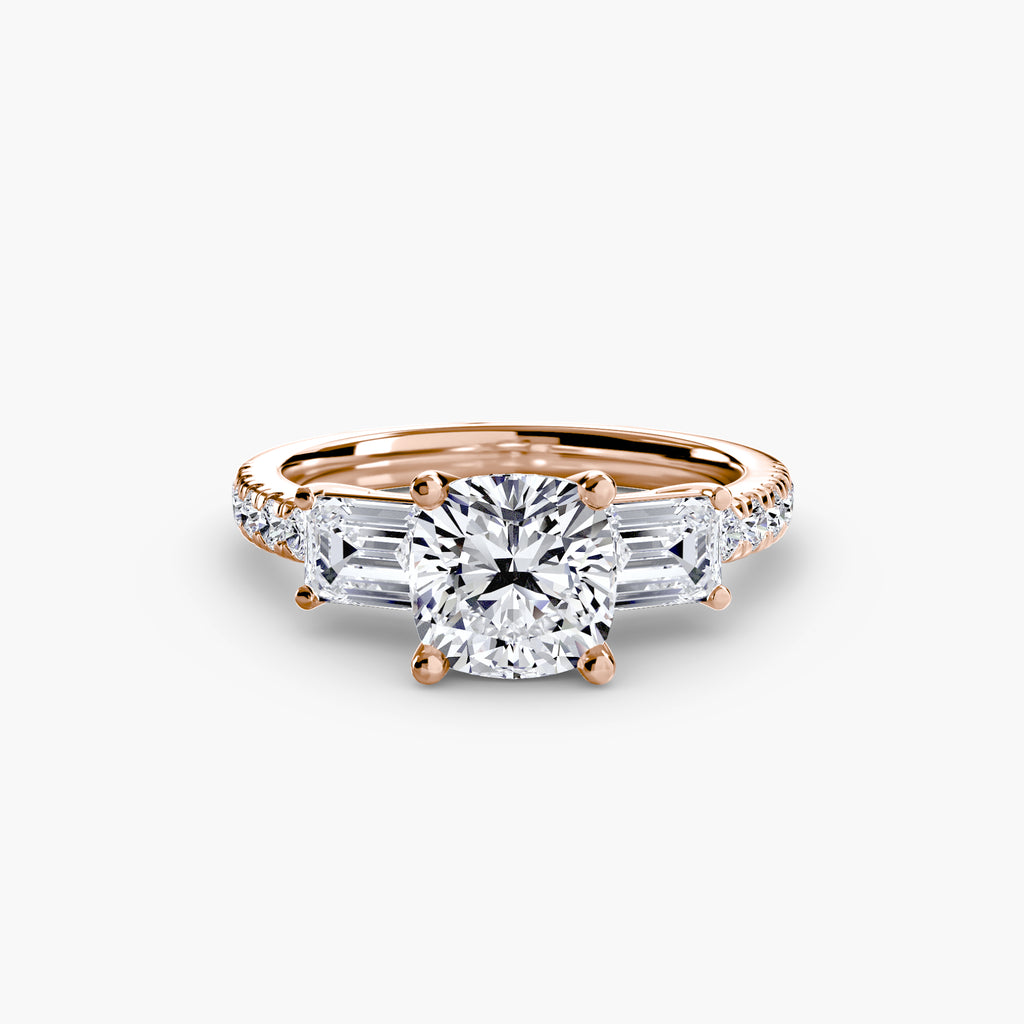Rose Three-Stone Ring with Pavé Band