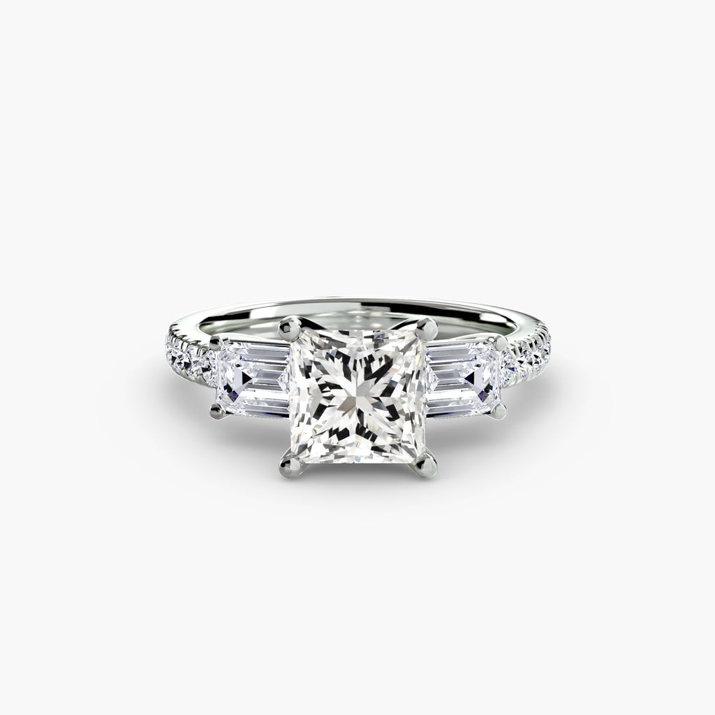 Rose Three-Stone Ring with Pavé Band